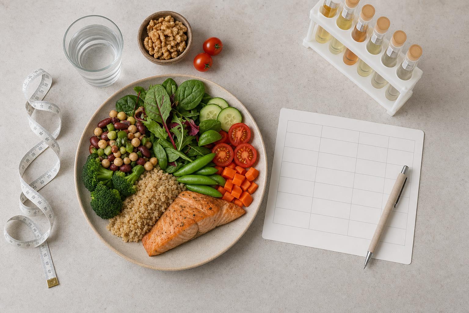 Ausgewogene Mahlzeit mit Messband, leerem Planungsblatt und Laborbezug fuer Metabolic Balance