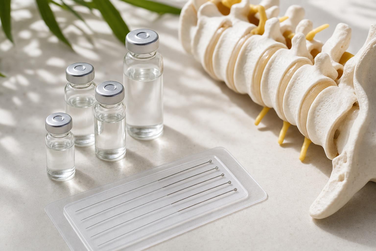 Akupunkturnadeln, Wirbelsaeulenmodell und neutrale Glasvials als Motiv fuer naturheilkundliche Verfahren