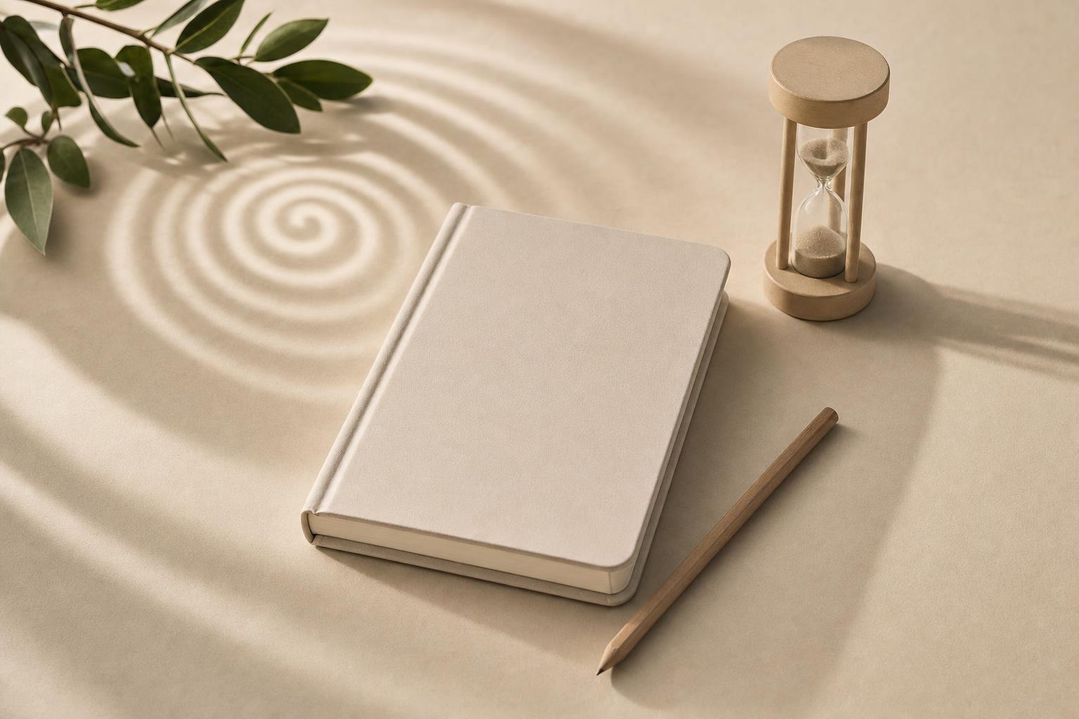 Ruhiges Hypnose- und Coachingmotiv mit Lichtspirale, Journal und Sanduhr