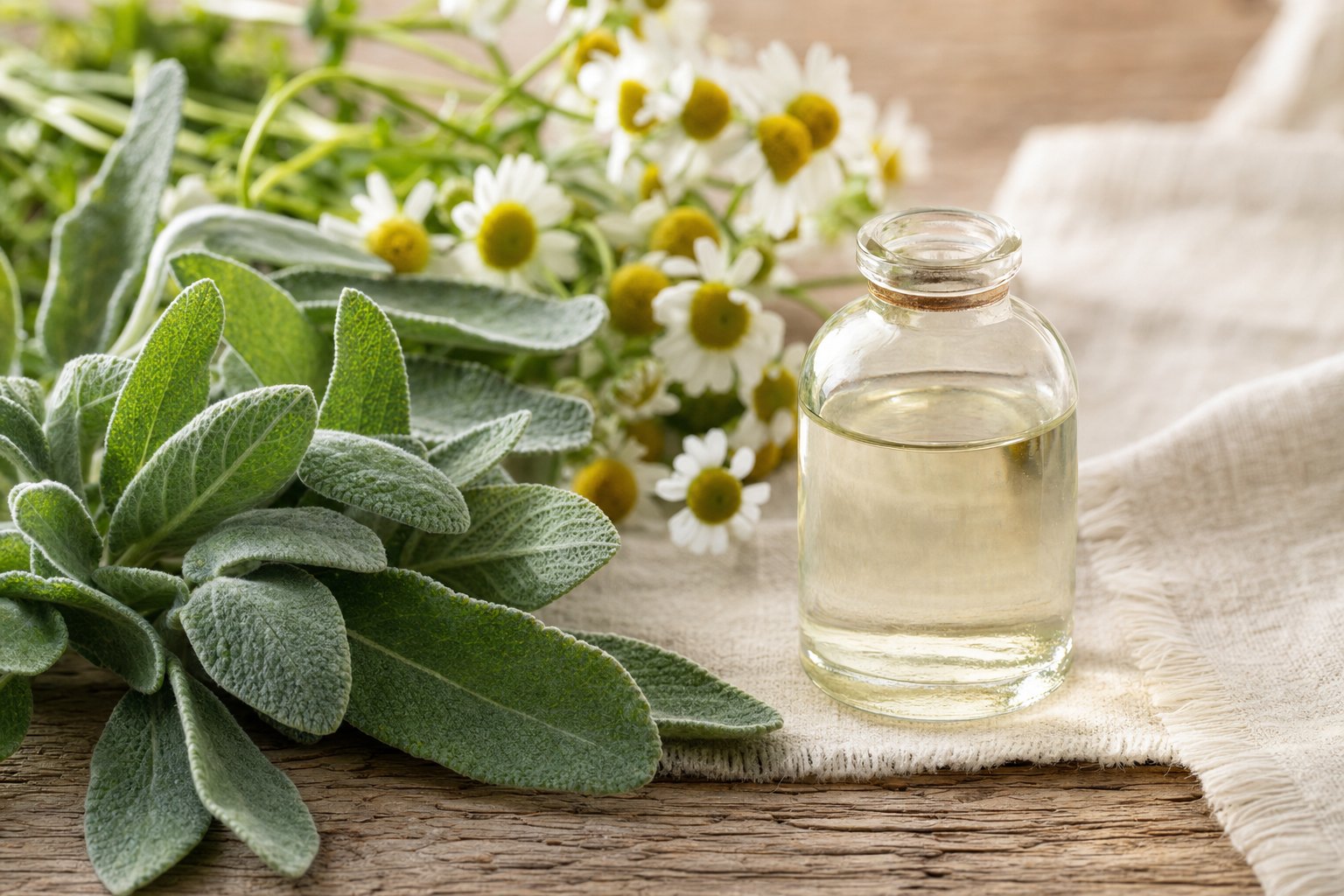 Detailaufnahme naturheilkundlicher Pflanzen und Heilkraeuter als Sinnbild fuer ganzheitliche Medizin