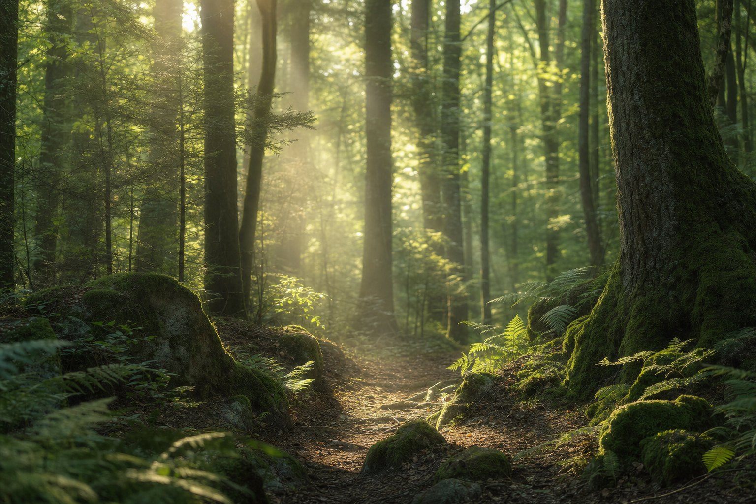 Ruhiger Waldweg als Sinnbild fuer Klarheit und innere Ruhe